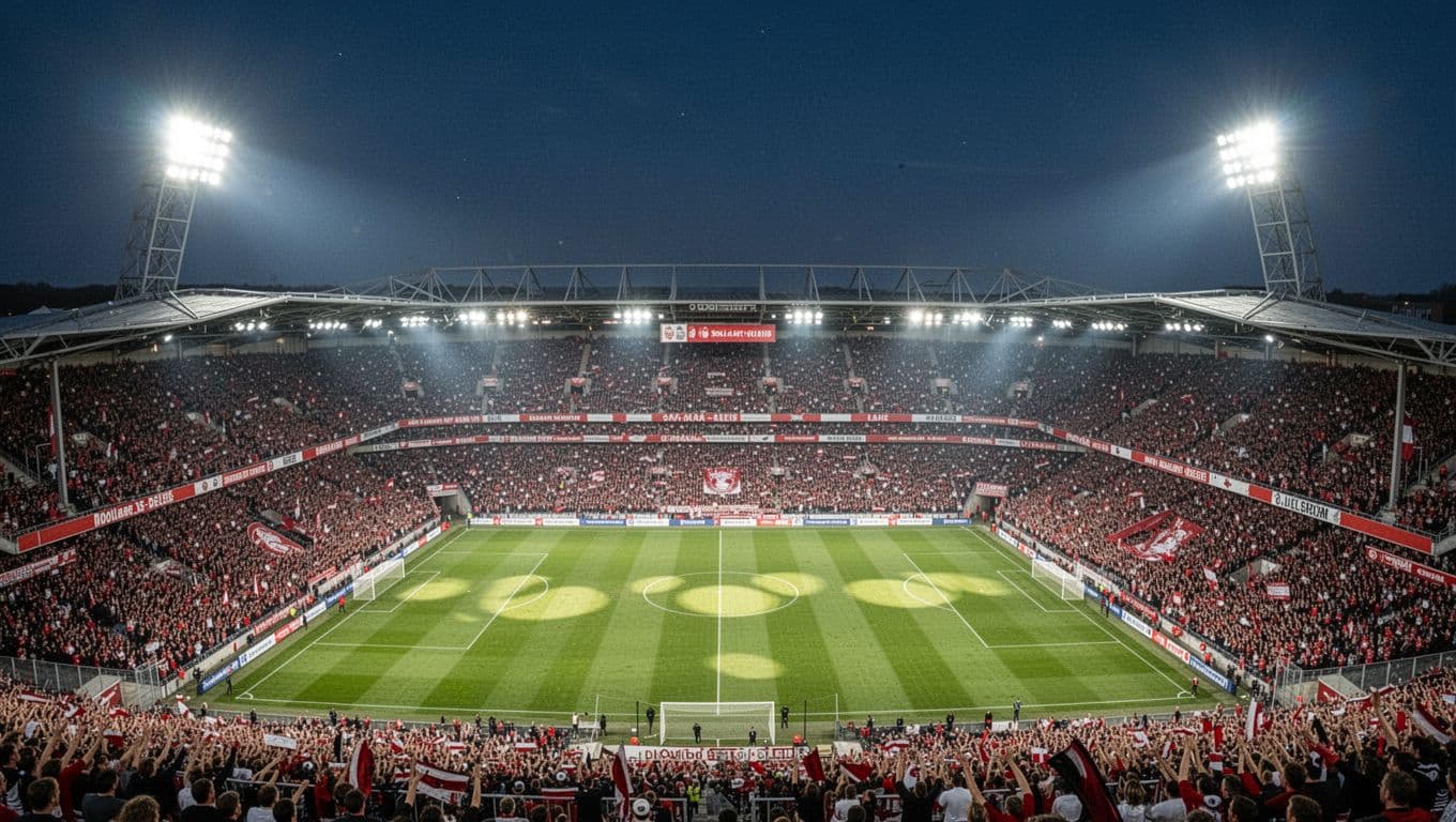 Aerial view of Stade Bollaert-Delelis stadium in Lens packed with fans under floodlights on clear night.