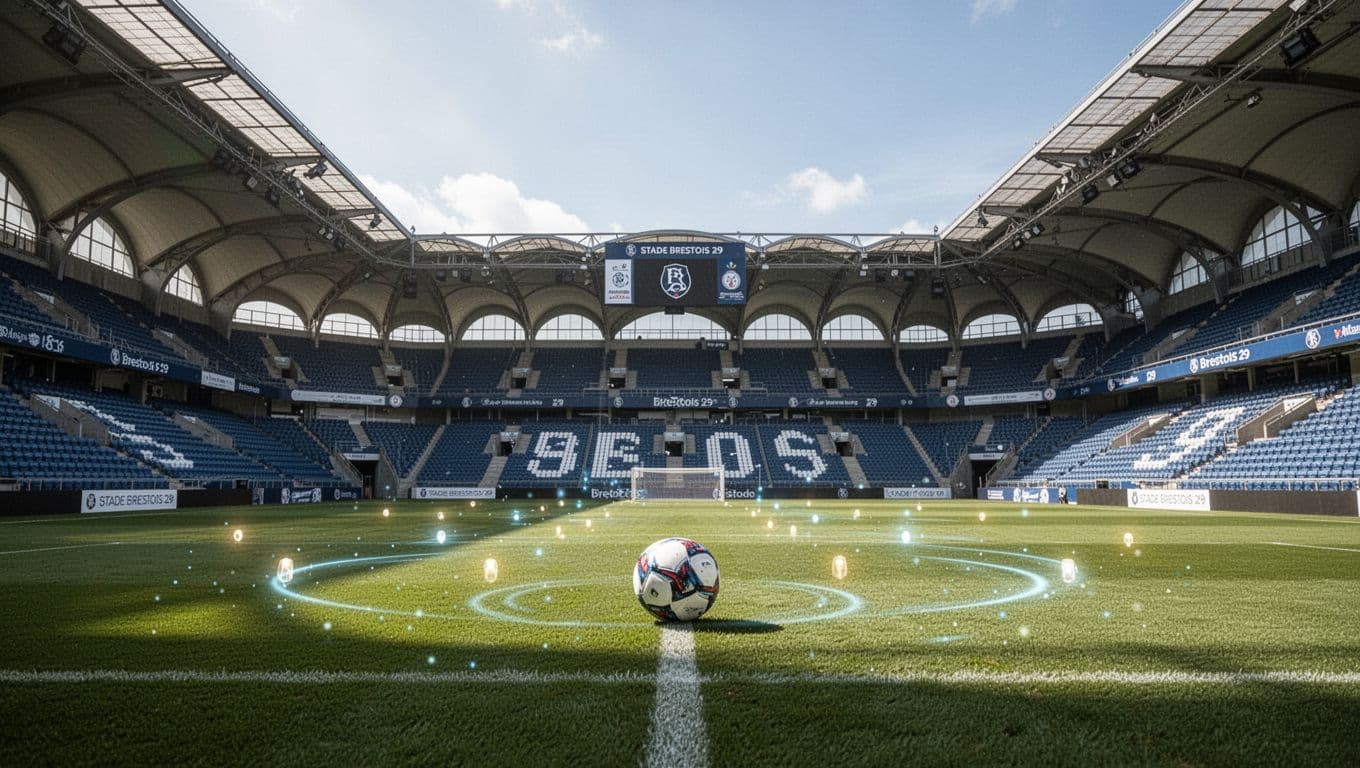 Soccer stadium under bright daylight with dynamic ball and players highlighting Brestois' upcoming top matches.