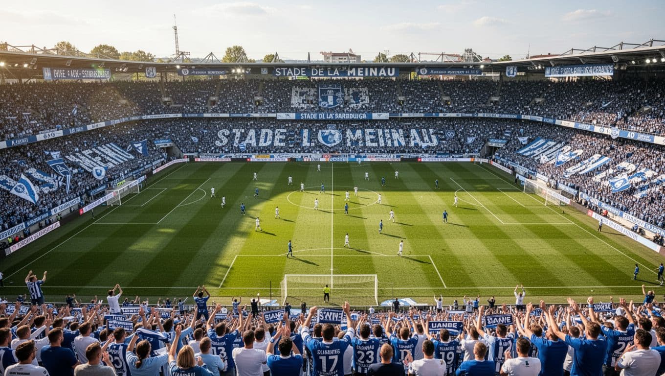 Aerial view of Stade de la Meinau packed with blue-and-white fans cheering during Ligue 1 match, players on pitch.