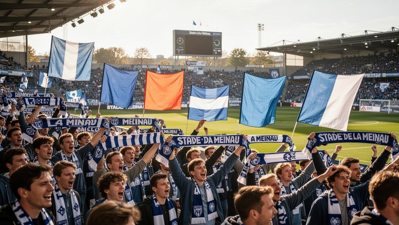 Fans in blue and white scarves cheer in one section of Stade de la Meinau, pitch and scoreboard visible in background on sunny day.