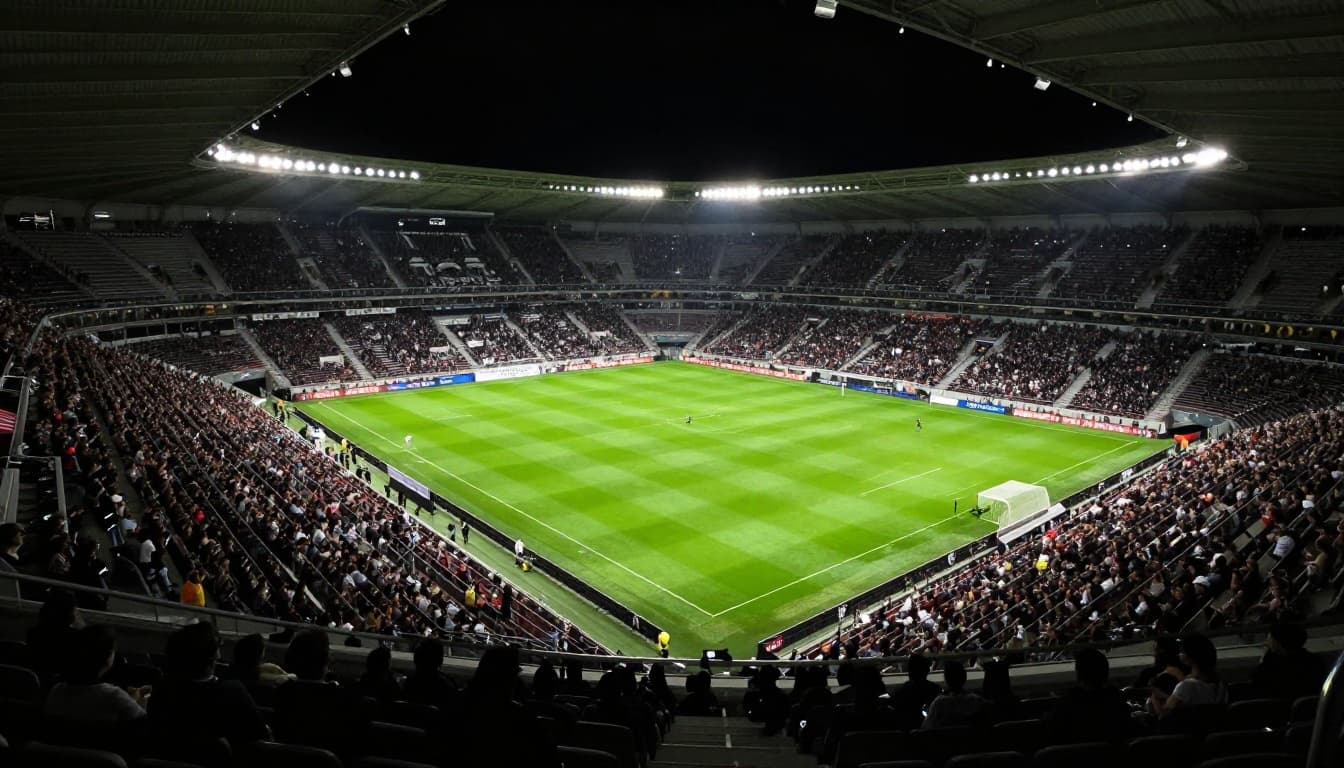 Wide shot from stands of packed Stade Océane at night with cheering fans and bright green field with centered soccer ball.