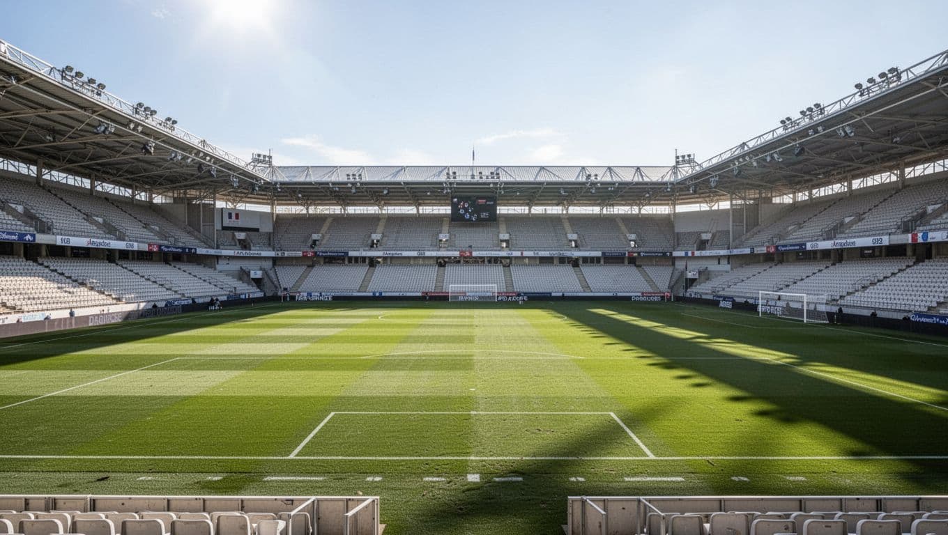 Wide view of green pitch and empty stands at Stade Raymond Kopa on a sunny day.