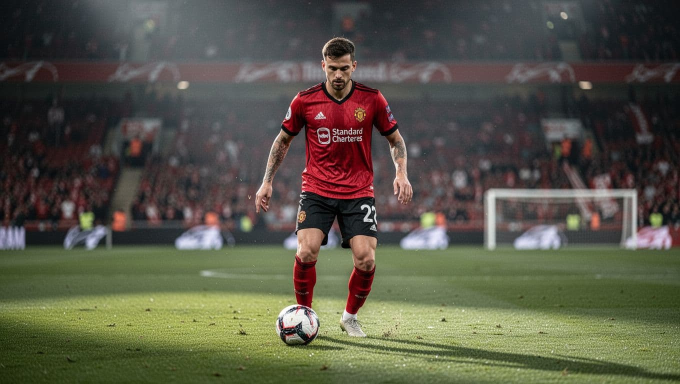 Stade Rennais FC midfielder in red-black kit controls ball at feet in midfield on green pitch with stadium stands behind.