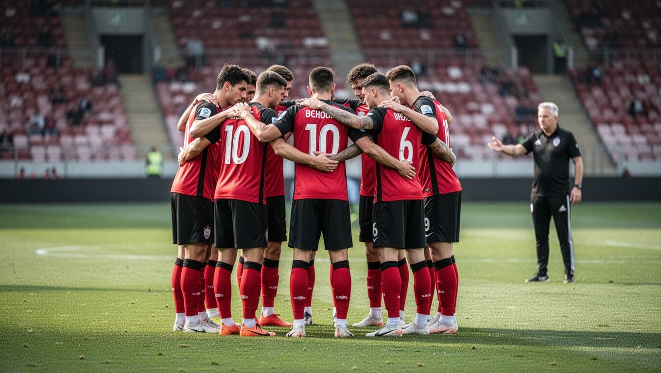 Eight players in red-black jerseys huddle tightly on green pitch with focused expressions, coach gesturing in blurred stadium background.