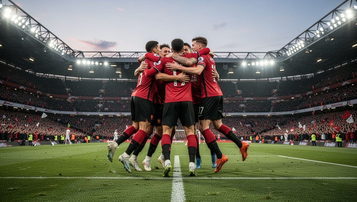 Five Stade Rennais players in red-black jerseys hug and jump on green pitch at Roazhon Park with cheering fans under floodlights.