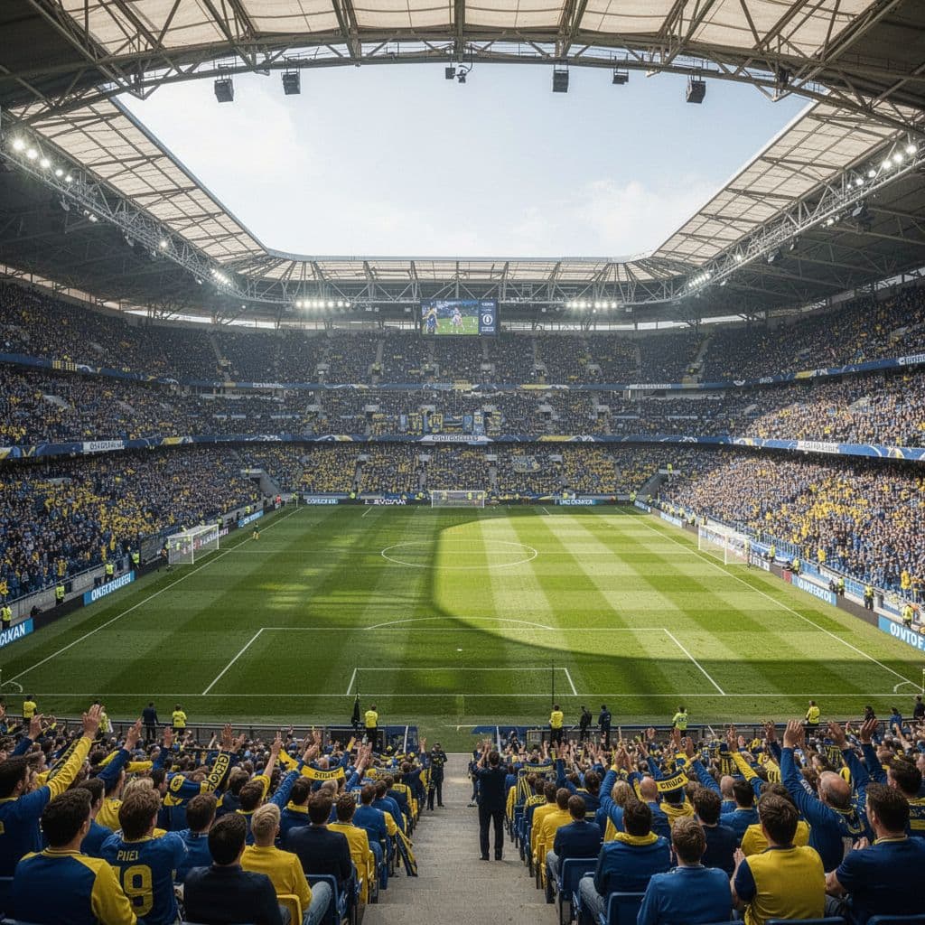 Interior of Stadio Marcantonio Bentegodi with stands filled by blue and yellow fans around vibrant grass pitch in daylight.