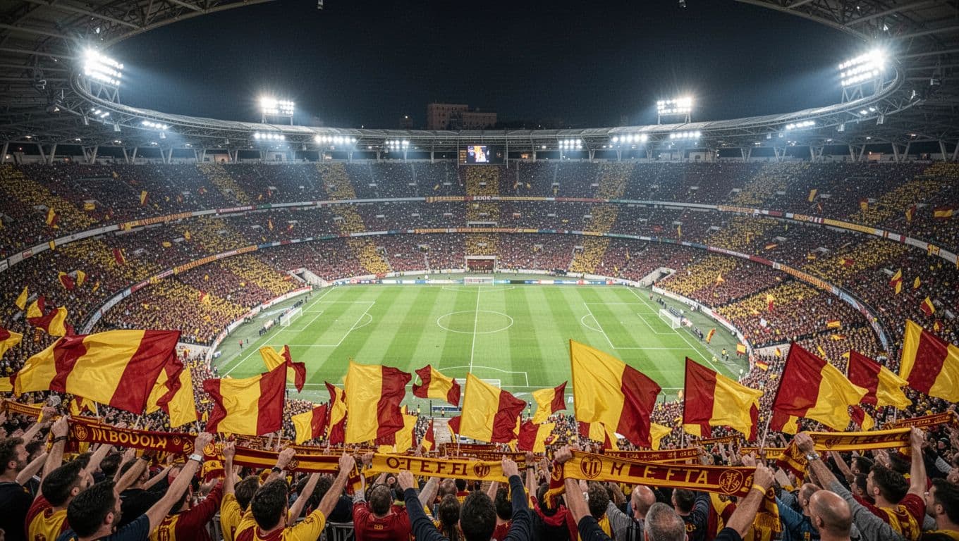 Aerial view of Stadio Olimpico filled with AS Roma supporters holding yellow and red flags under night floodlights.