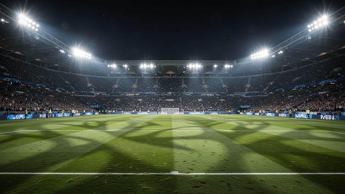 Lapangan hijau BMO Field terlihat bersinar di bawah lampu sorot stadion yang terang benderang. Penonton tampak samar di tribun atas sementara rumput yang tertata rapi siap menyambut pertandingan besar piala dunia.