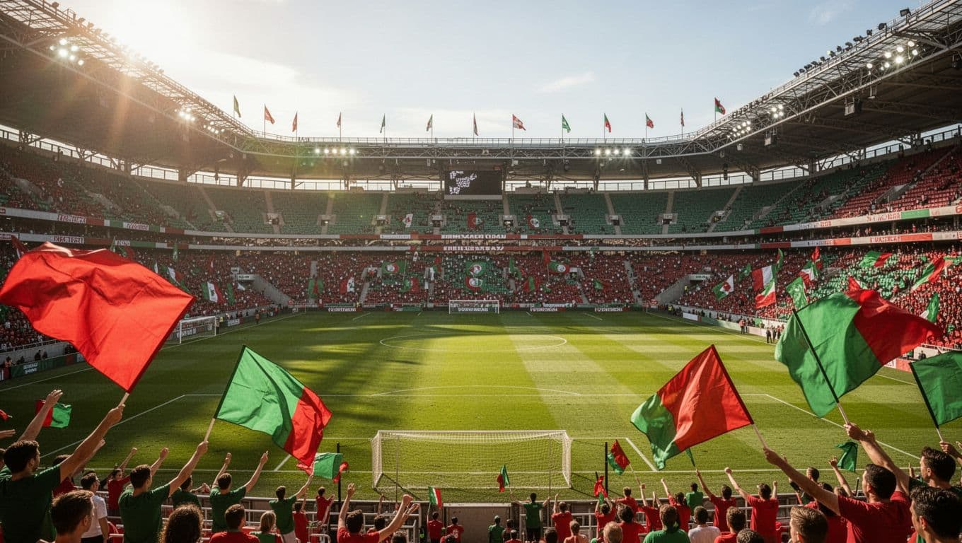 Sunny afternoon view of Stadion Brawijaya Kediri's green football pitch ready for match and empty Persik supporter stands with red-green flags.