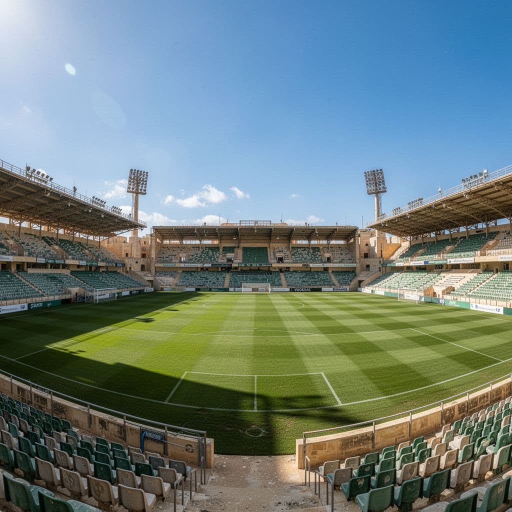 Lapangan sepak bola di Stadion Centenary Malta menampilkan hamparan rumput hijau yang terawat rapi di bawah langit biru cerah. Tribun penonton kosong terlihat di sisi lapangan dengan suasana tenang tanpa kehadiran penonton.