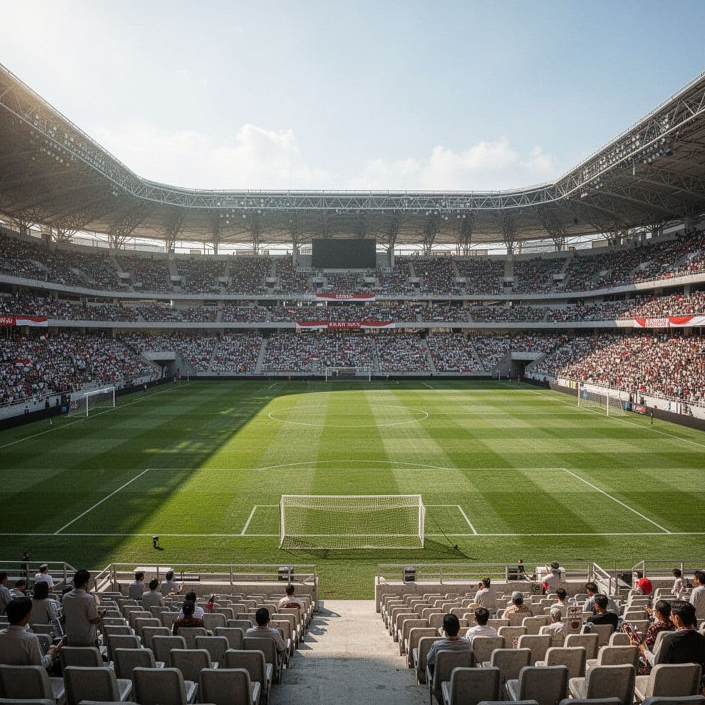 Neat spectator stands surround lush green soccer field from viewer seats under clear sunny skies.