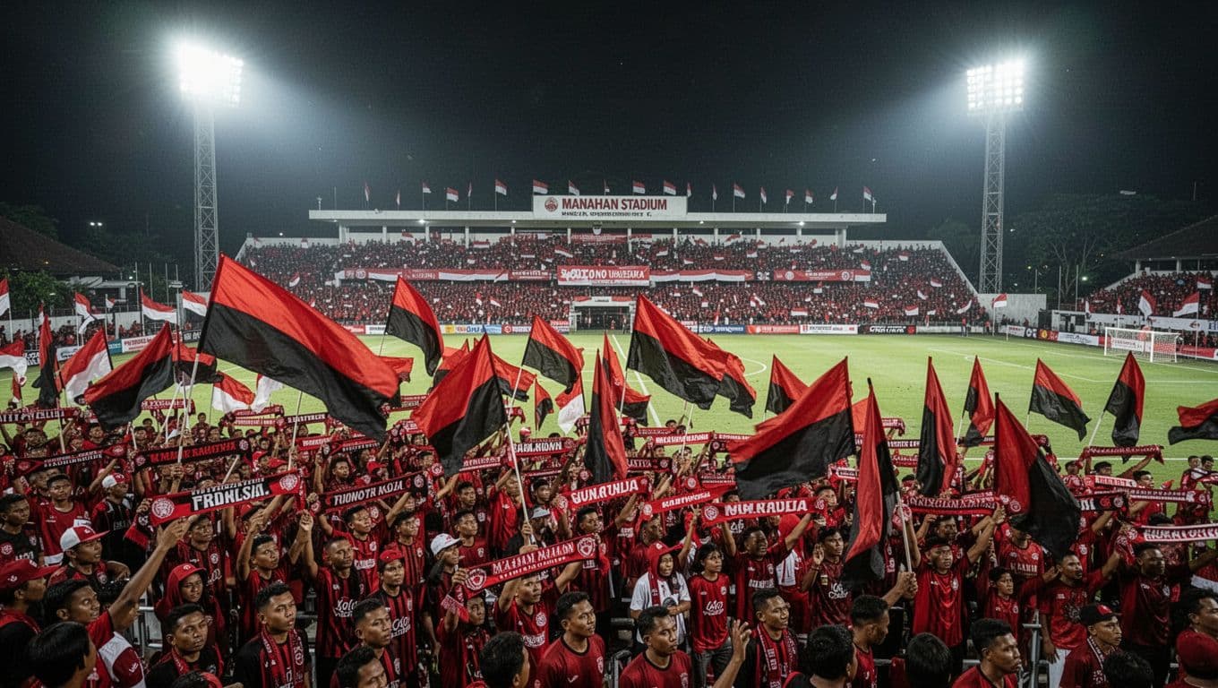 Night view from upper stands shows full Persis Solo supporters with red-black flags and scarves under bright stadium lights.