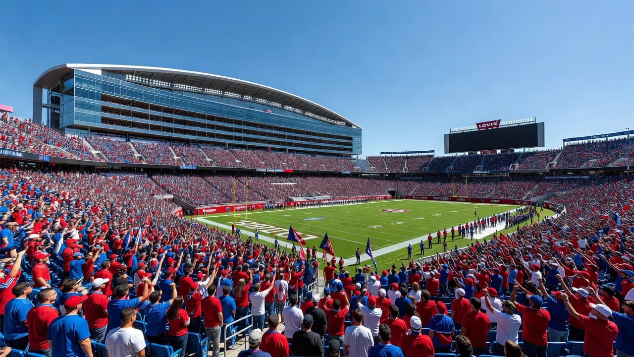 Ribuan penonton berpakaian merah dan biru memadati tribun stadion terbuka yang luas di bawah langit cerah. Lapangan hijau terlihat menonjol dari perspektif sudut pandang tinggi yang menangkap kemegahan suasana pra-pertandingan.