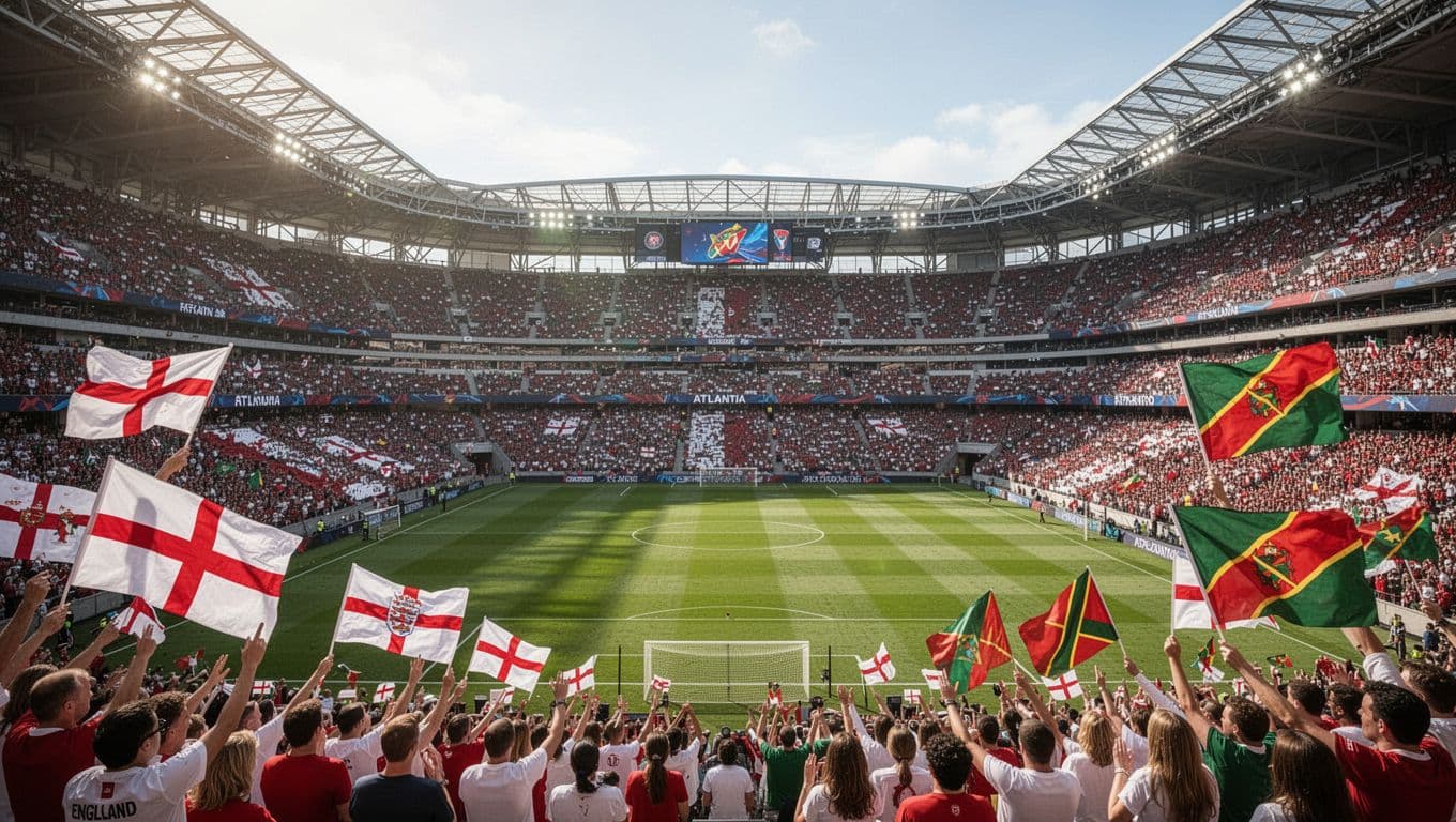 Pemandangan luas stadion yang dipenuhi penonton di bawah sinar matahari cerah. Bendera Inggris dan DR Kongo berkibar di tribun, sementara lapangan rumput hijau di tengah stadion terlihat kosong tanpa pemain.