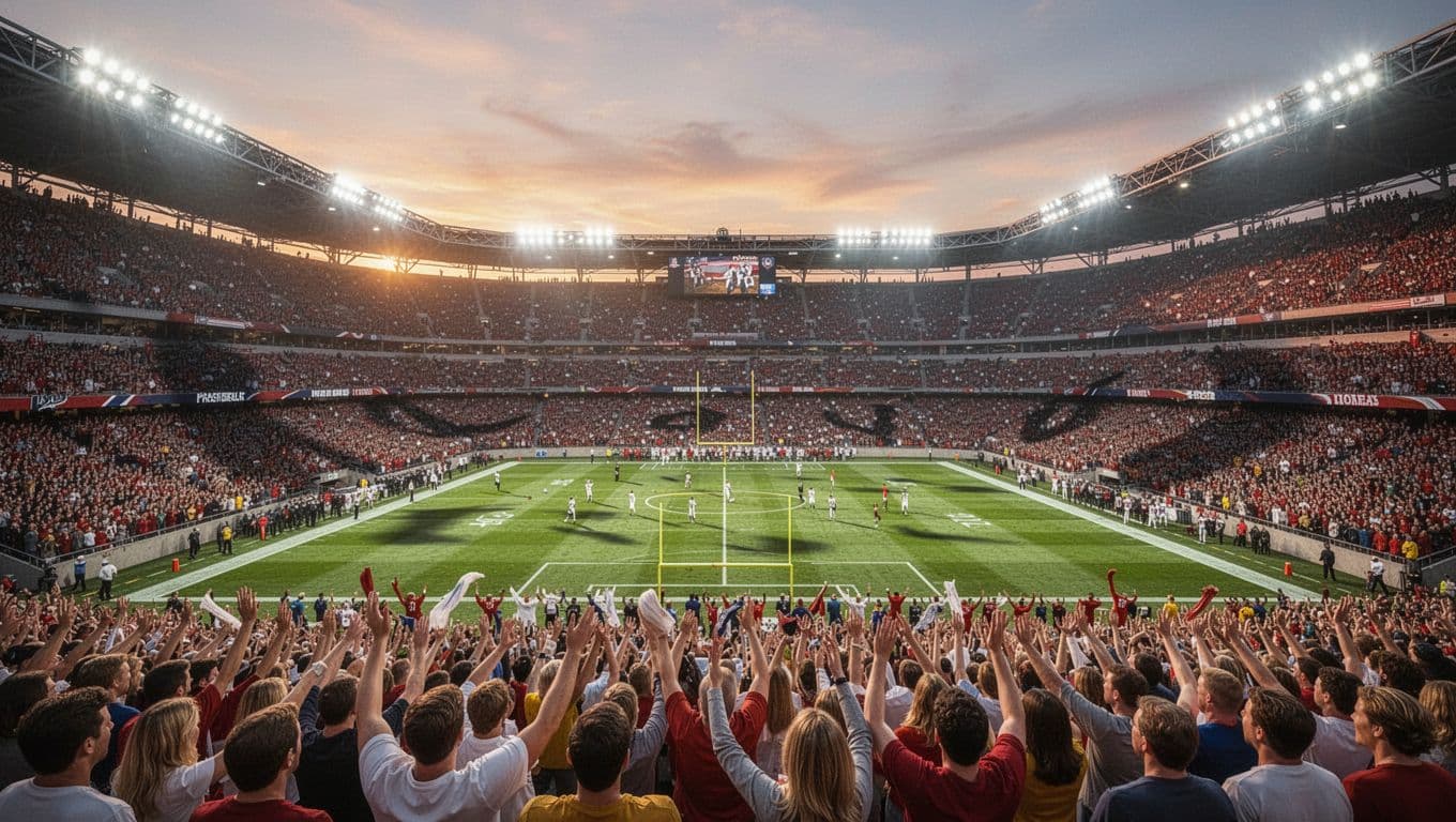 Ribuan penonton memadati stadion megah saat matahari terbenam dengan pencahayaan lampu sorot terang. Rumput hijau yang terawat rapi tampak kontras di bawah langit senja yang dramatis di Amerika Utara.