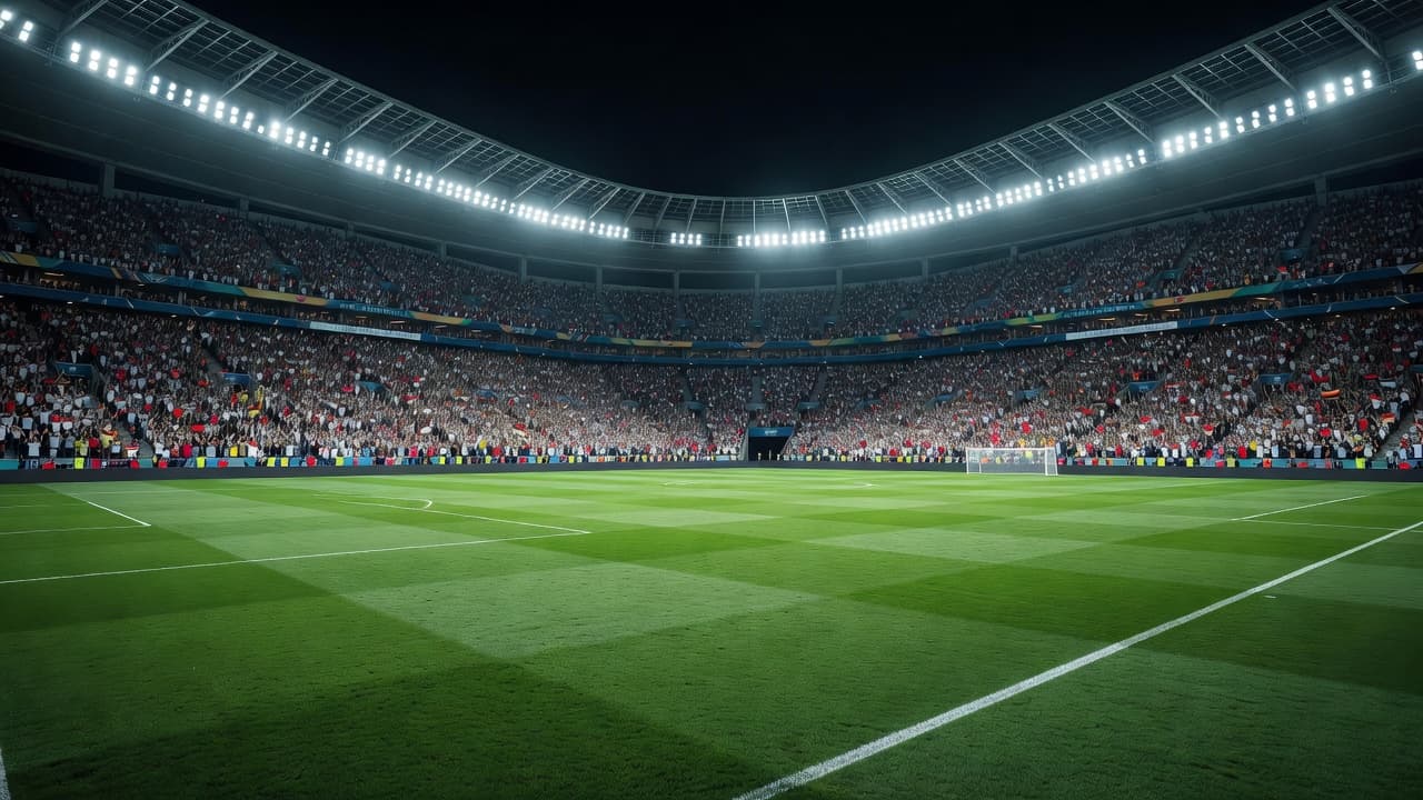 Lapangan rumput hijau yang terawat sempurna bersinar di bawah sorotan lampu stadion raksasa saat malam hari. Ribuan penonton memenuhi tribun dalam suasana kompetitif pertandingan fase gugur yang sangat menegangkan dan dramatis.