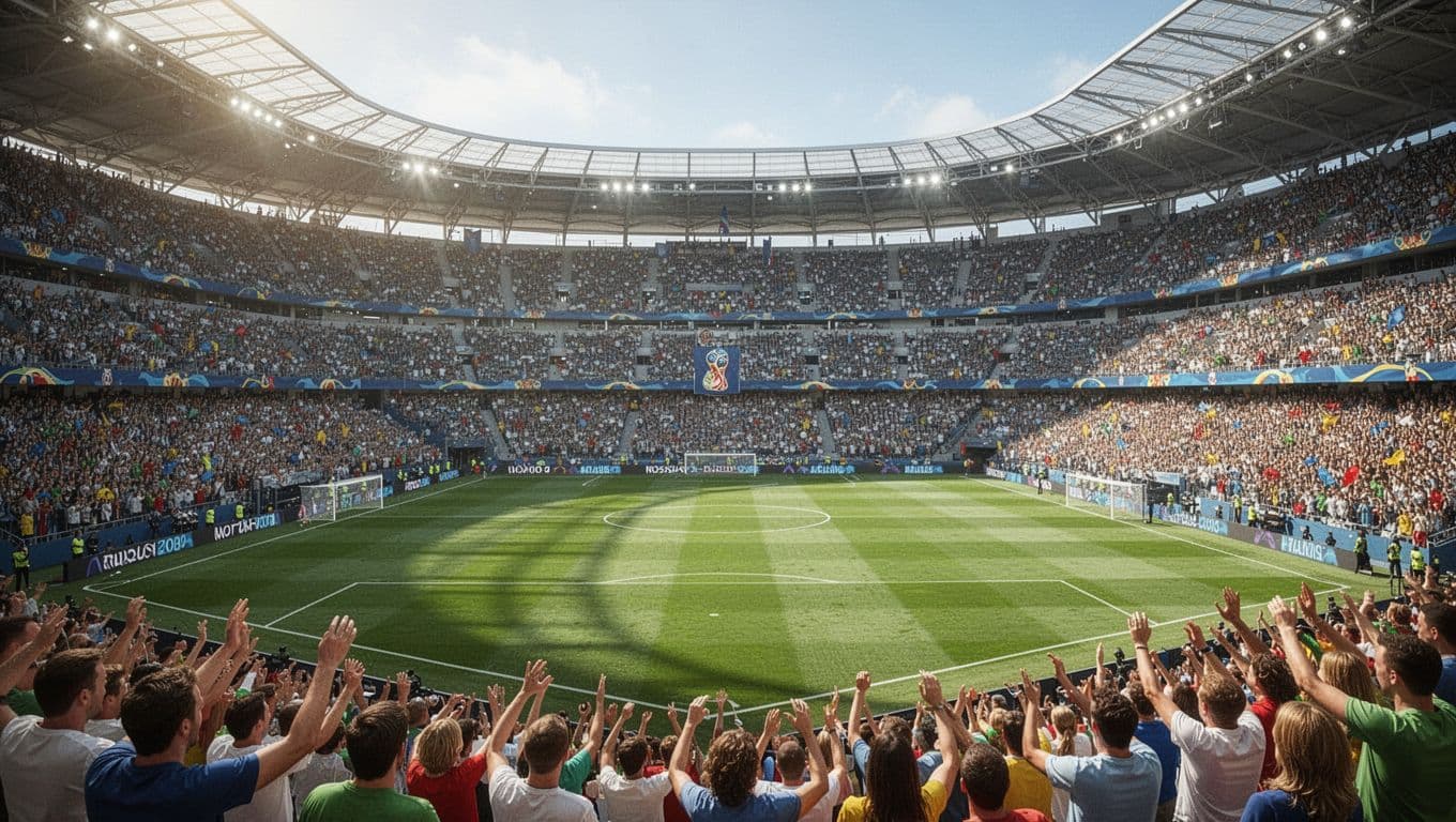 Lapangan rumput hijau yang terawat rapi terlihat luas di bawah cahaya matahari siang. Tribun penonton yang dipenuhi massa antusias memberikan suasana meriah pada laga babak 32 besar Piala Dunia ini.