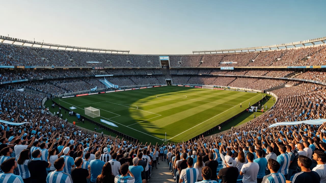 Hamparan rumput hijau yang terawat rapi terlihat jelas di tengah stadion dengan tribun penonton yang penuh sesak. Cahaya matahari sore menyinari lapangan menciptakan suasana pertandingan yang sangat intens dan megah.