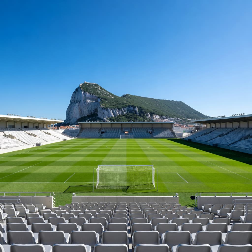 Lapangan rumput hijau cerah terbentang luas di bawah langit biru terik. Tribun penonton bergaya modern mengelilingi sisi lapangan dengan pemandangan pegunungan berbatu yang indah sebagai latar belakang utama area stadion tersebut.