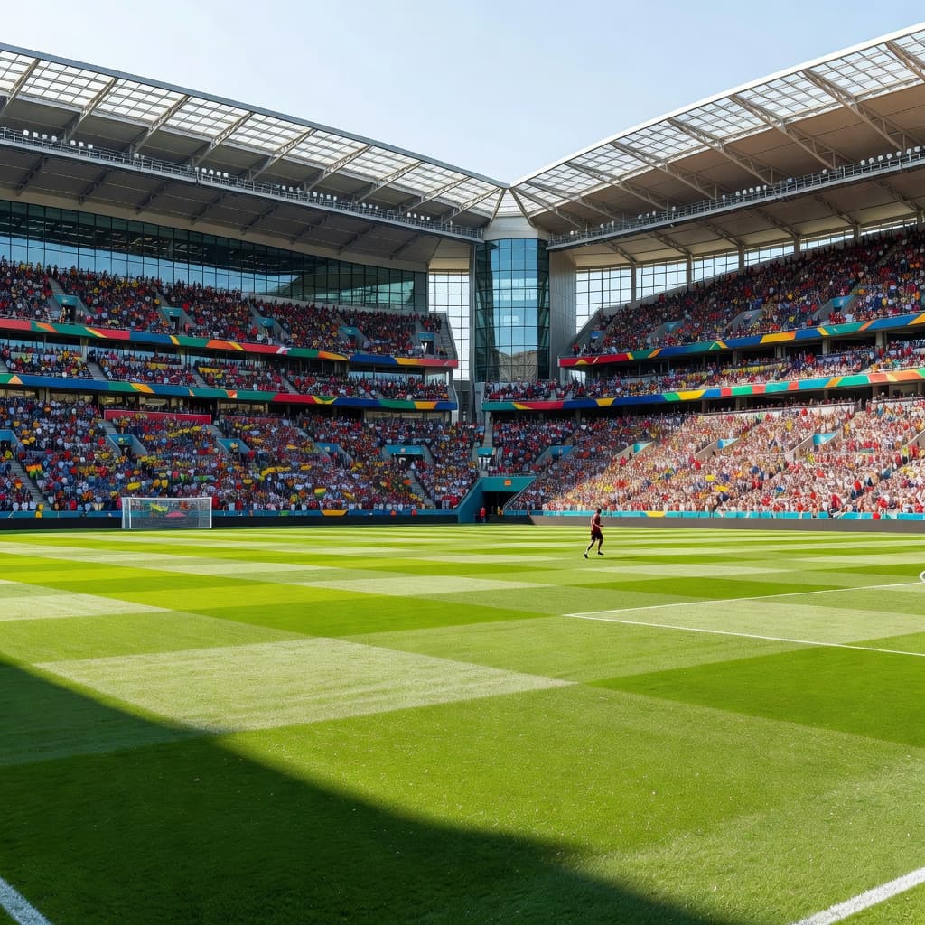 Seorang pemain sepak bola berlari kecil di tengah lapangan rumput yang luas dengan latar belakang tribun penonton yang ramai. Pencahayaan matahari yang cerah menyoroti atmosfer pertandingan internasional yang sangat bergengsi.