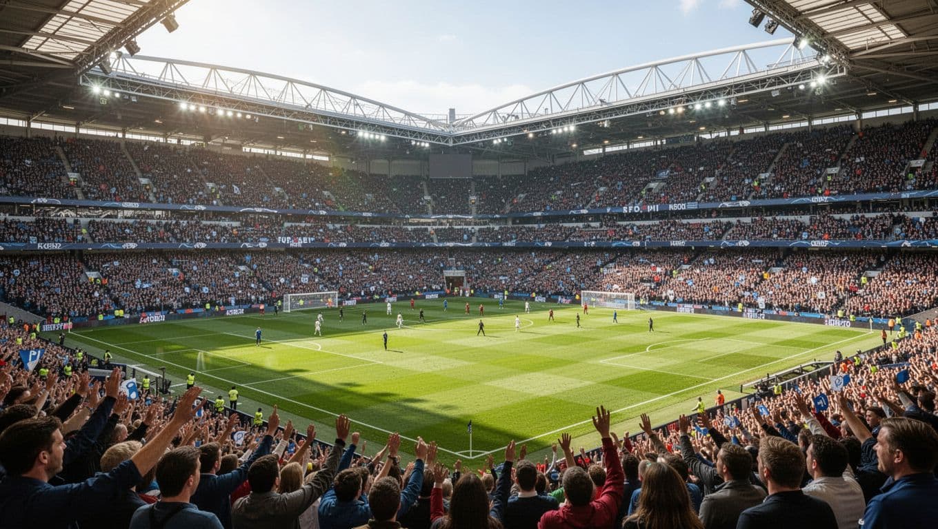 Pemandangan lapangan rumput hijau yang luas di dalam stadion sepak bola yang dipadati ribuan penonton antusias. Cahaya matahari yang cerah menyinari area pertandingan dalam suasana pertandingan yang sangat intens dan meriah.