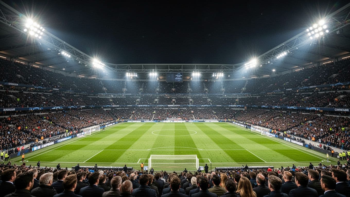 Stadion megah ini diterangi lampu sorot terang yang memancar ke arah lapangan hijau subur. Kursi penonton yang penuh menciptakan atmosfer intens, menandakan kesiapan arena untuk menggelar pertandingan babak gugur yang bergengsi.