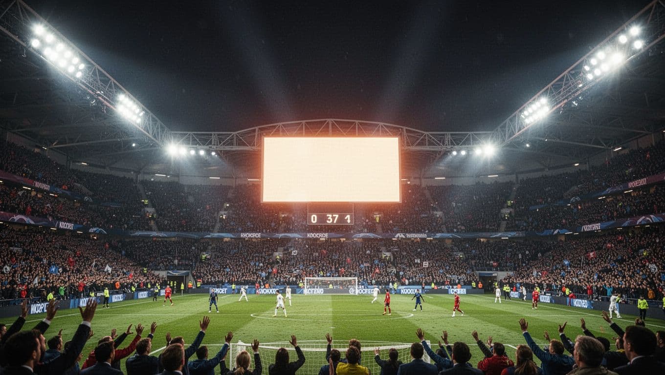 Lampu sorot terang menerangi lapangan sepak bola di malam hari dengan papan skor digital raksasa menampilkan angka 2-0. Suasana stadion terasa intens dan penuh ketegangan dalam laga babak gugur.