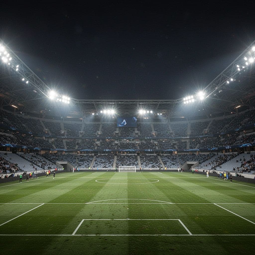 Lampu sorot raksasa menerangi rumput hijau stadion yang tampak sangat bersih. Tribun penonton yang kosong terlihat sunyi di bawah cahaya terang, menciptakan suasana tegang menjelang pertandingan babak gugur turnamen besar dunia.