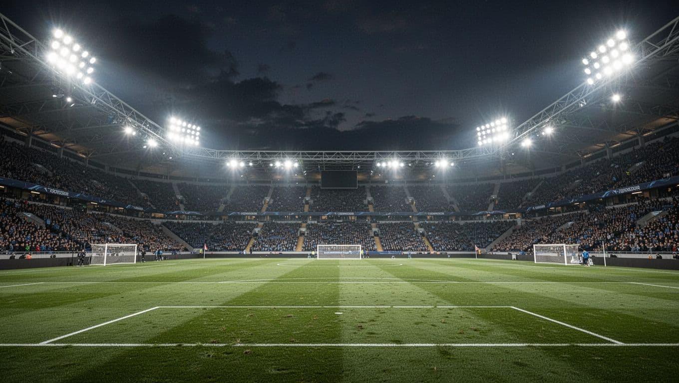 Lapangan hijau kosong diterangi lampu sorot terang di stadion megah saat malam hari. Rumput terlihat sangat rapi dan detail tanpa ada satu orang pun yang berdiri di atas permukaan lapangan tersebut.