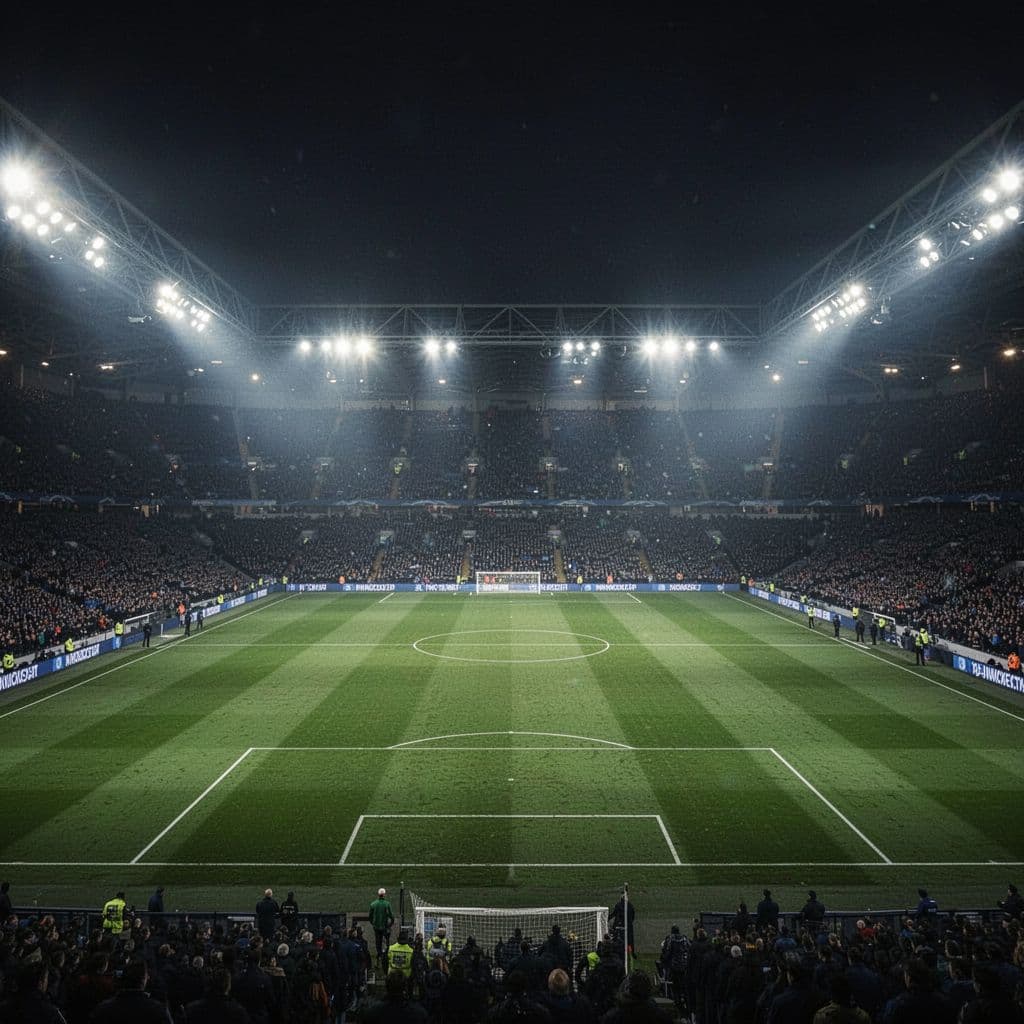 Lampu sorot raksasa menerangi rumput stadion yang hijau dan kosong di tengah malam. Pencahayaan intens menciptakan bayangan dramatis di atas lapangan saat suasana stadion sedang sunyi sebelum pertandingan besar dimulai.