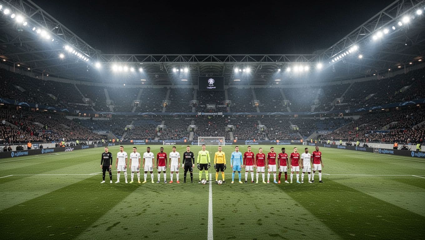 Dua kesebelasan bersiap di lapangan hijau yang terawat di bawah pancaran lampu sorot stadion saat malam hari. Suasana terasa sangat profesional dengan atmosfer intens menanti dimulainya laga sepak bola dunia.