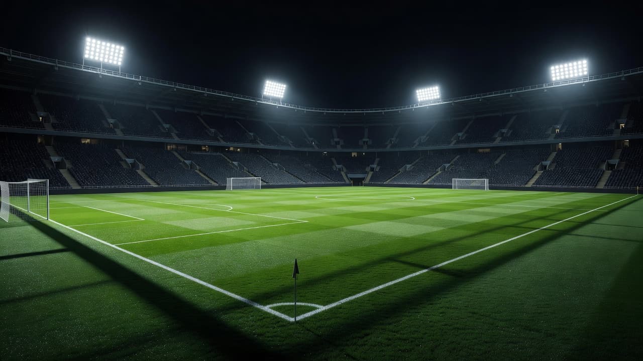 Lampu sorot terang menyinari lapangan hijau stadion megah saat malam hari. Deretan kursi tribun yang kosong terlihat dalam latar belakang dengan pencahayaan sinematik yang dramatis di seluruh area pertandingan tersebut.