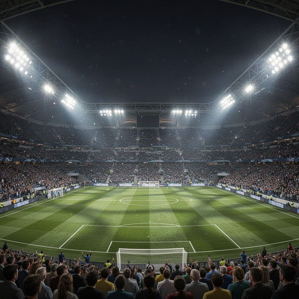 Lapangan rumput hijau yang terawat membentang luas di bawah pancaran lampu sorot stadion yang terang benderang. Tribun penonton tampak samar dalam latar belakang, menciptakan suasana pertandingan malam yang sangat dramatis dan megah.