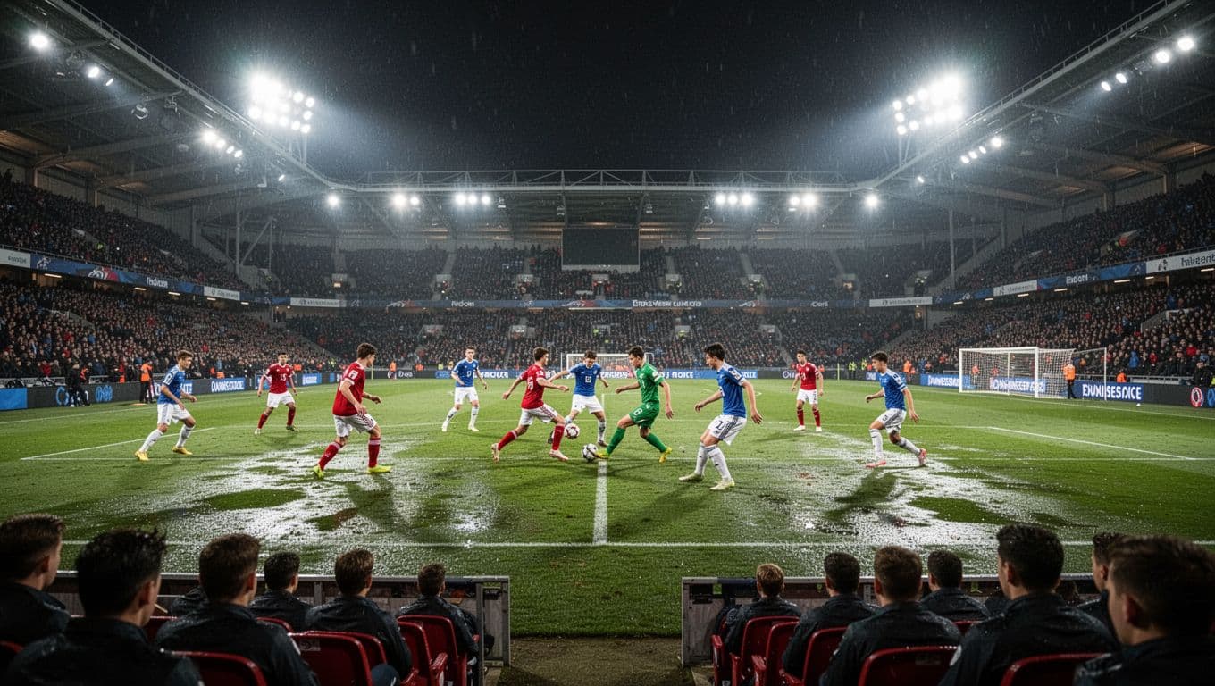 Lapangan rumput hijau yang basah terlihat dari sudut pandang tribun stadion saat malam hari. Cahaya lampu sorot yang terang menerangi area lapangan dengan suasana kompetisi sepak bola yang sangat intens.