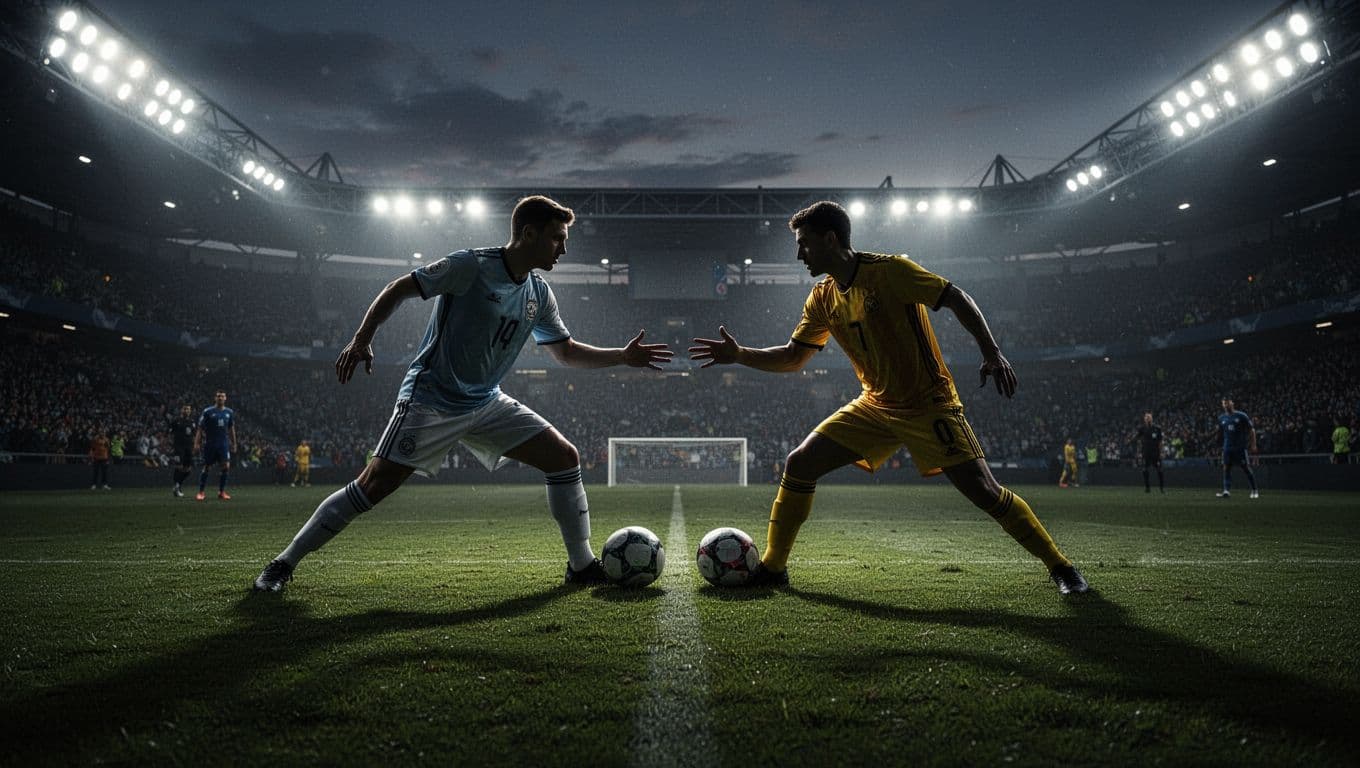 Siluet pemain dari dua tim sepak bola berdiri di tengah lapangan yang terang benderang. Rumput stadion terlihat jelas dengan pola garis intens saat para atlet menyusun strategi permainan malam.