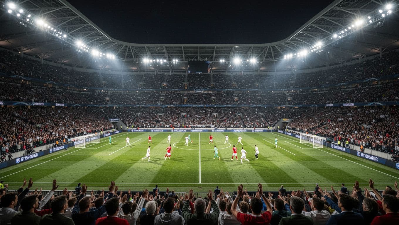 Dua kesebelasan nasional bertanding di lapangan hijau stadion megah saat malam hari. Sorot lampu stadion yang terang benderang menerangi tribun penuh penonton yang antusias menyaksikan laga penting dari sudut pandang luas.