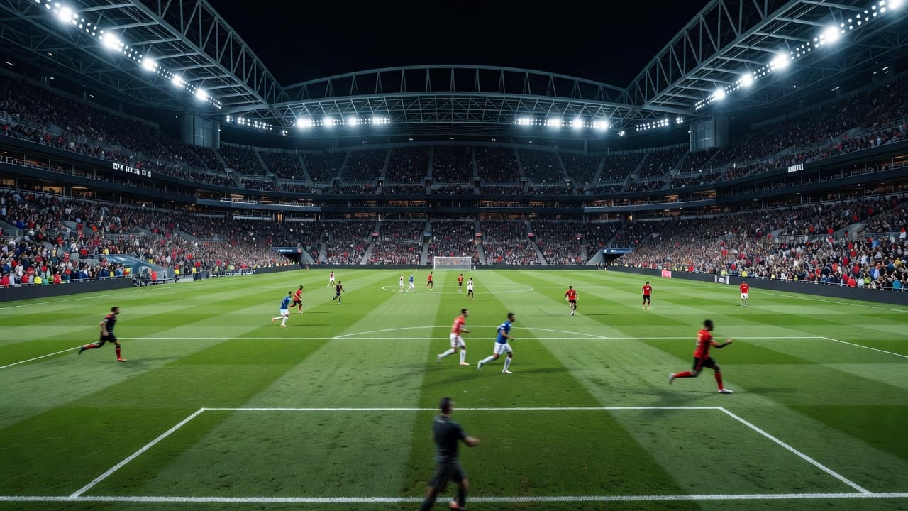 Lampu stadion yang terang benderang menerangi lapangan rumput hijau di Lumen Field. Para pemain terlihat samar di tengah suasana pertandingan yang intens dan mendebarkan saat malam hari di Seattle.