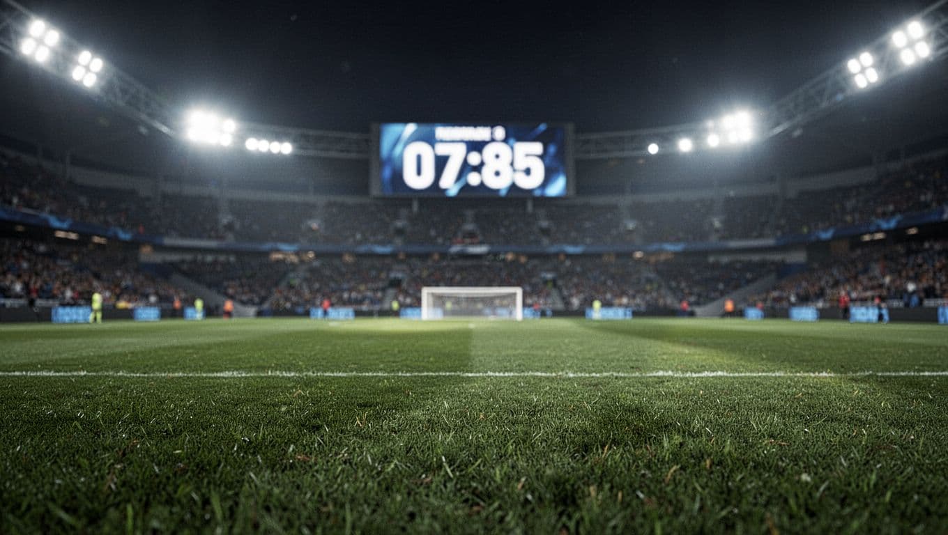 Lampu sorot stadion yang terang menyinari lapangan rumput hijau dalam kondisi malam hari. Papan skor digital yang kabur di latar belakang menampilkan klasemen grup pertandingan yang sangat kompetitif dan intens.