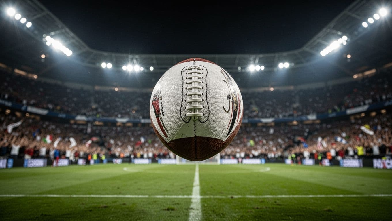 Sebuah bola sepak berada di latar depan dengan fokus lembut, sementara lapangan hijau dan penonton yang bersorak terlihat samar di bawah terangnya lampu sorot stadion pada malam hari yang dramatis.