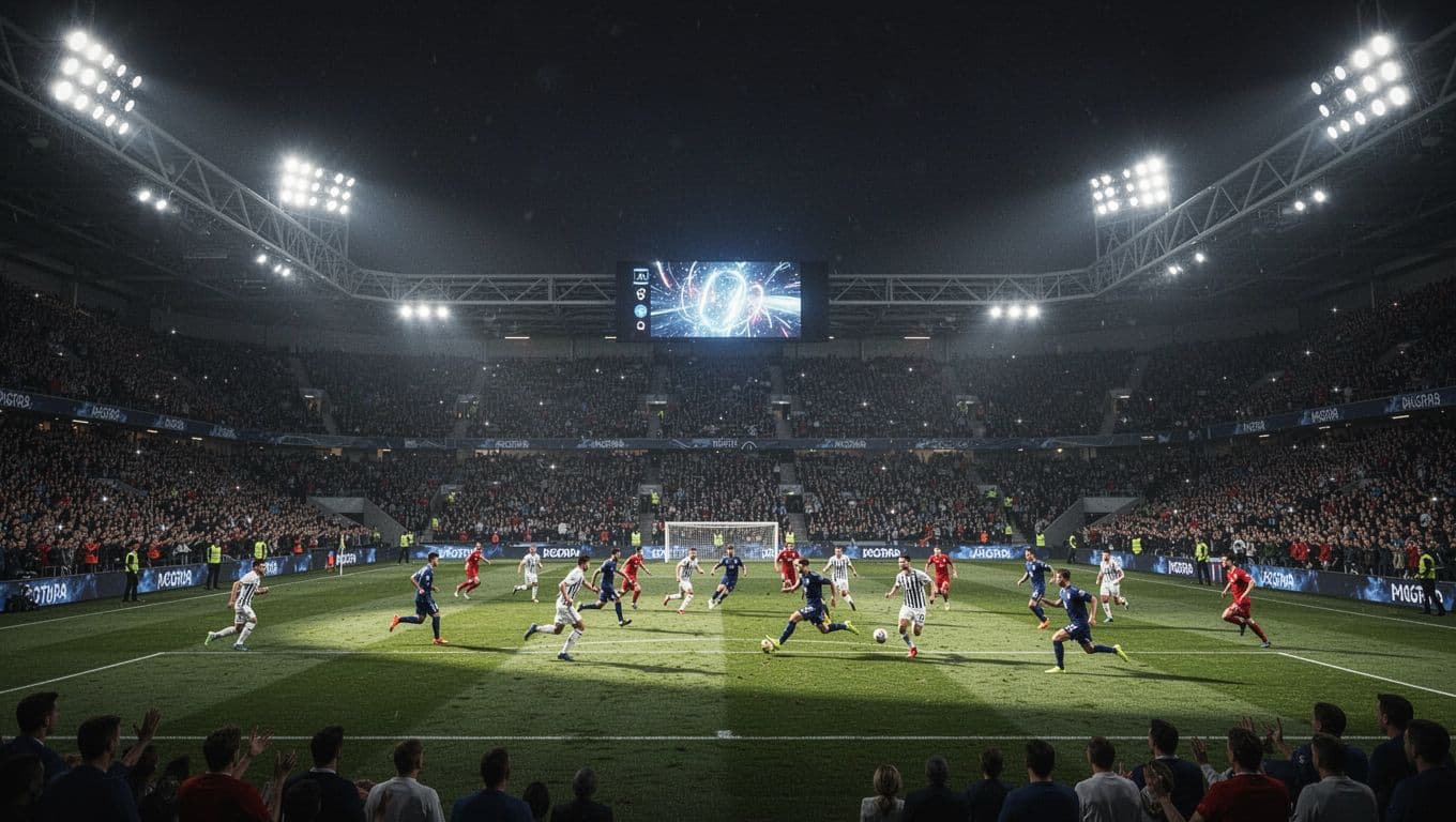 Pemandangan luas lapangan stadion di malam hari saat pertandingan sengit berlangsung. Fokus utama terletak pada papan skor digital yang terang benderang serta aksi para pemain sepak bola di tengah lapangan rumput.