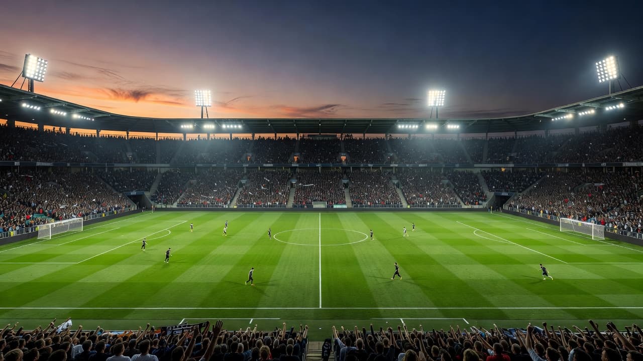 Pemandangan lapangan hijau dari tribun penonton saat matahari terbenam dengan lampu sorot terang menyinari arena. Ribuan suporter memadati bangku stadion untuk menyaksikan pertandingan sepak bola yang sangat dinantikan malam ini.