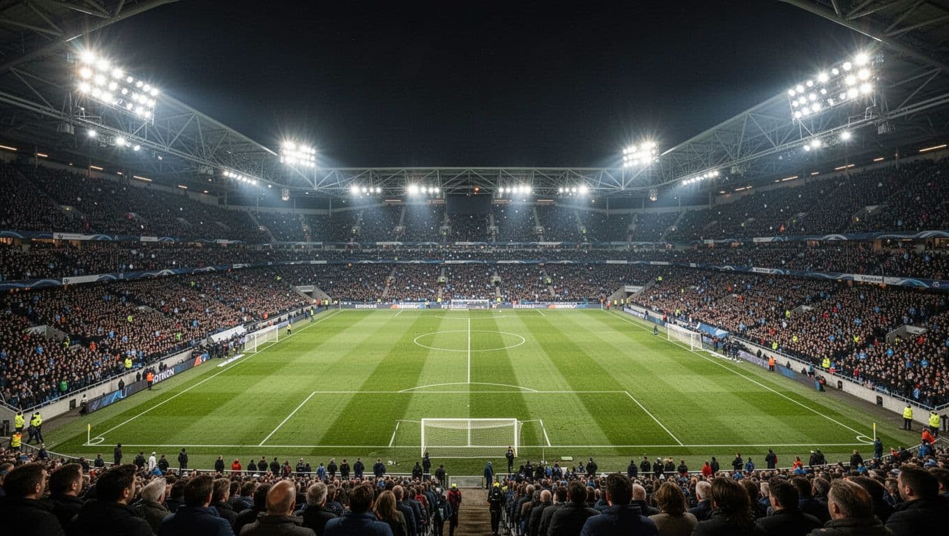 Lampu sorot raksasa menerangi lapangan hijau stadion yang megah saat pertandingan malam hari. Ribuan penonton memenuhi tribun dari sudut pandang lebar, menciptakan atmosfer kompetisi olahraga internasional yang sangat meriah dan penuh semangat.