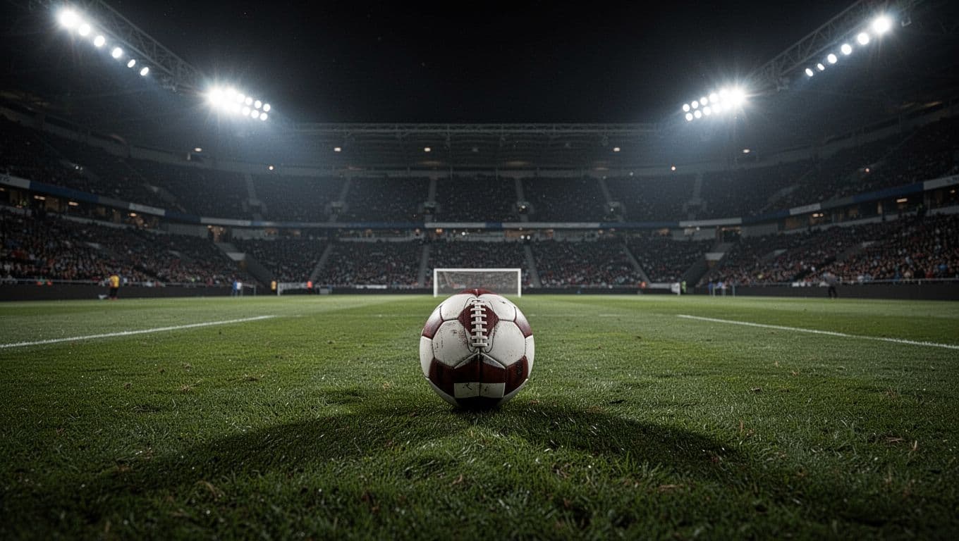 Sebuah lapangan sepak bola profesional diterangi lampu sorot terang di malam hari. Bola diletakkan tepat di tengah lapangan hijau yang kosong, menciptakan suasana tenang sebelum pertandingan besar antara Ekuador dan Jerman dimulai.