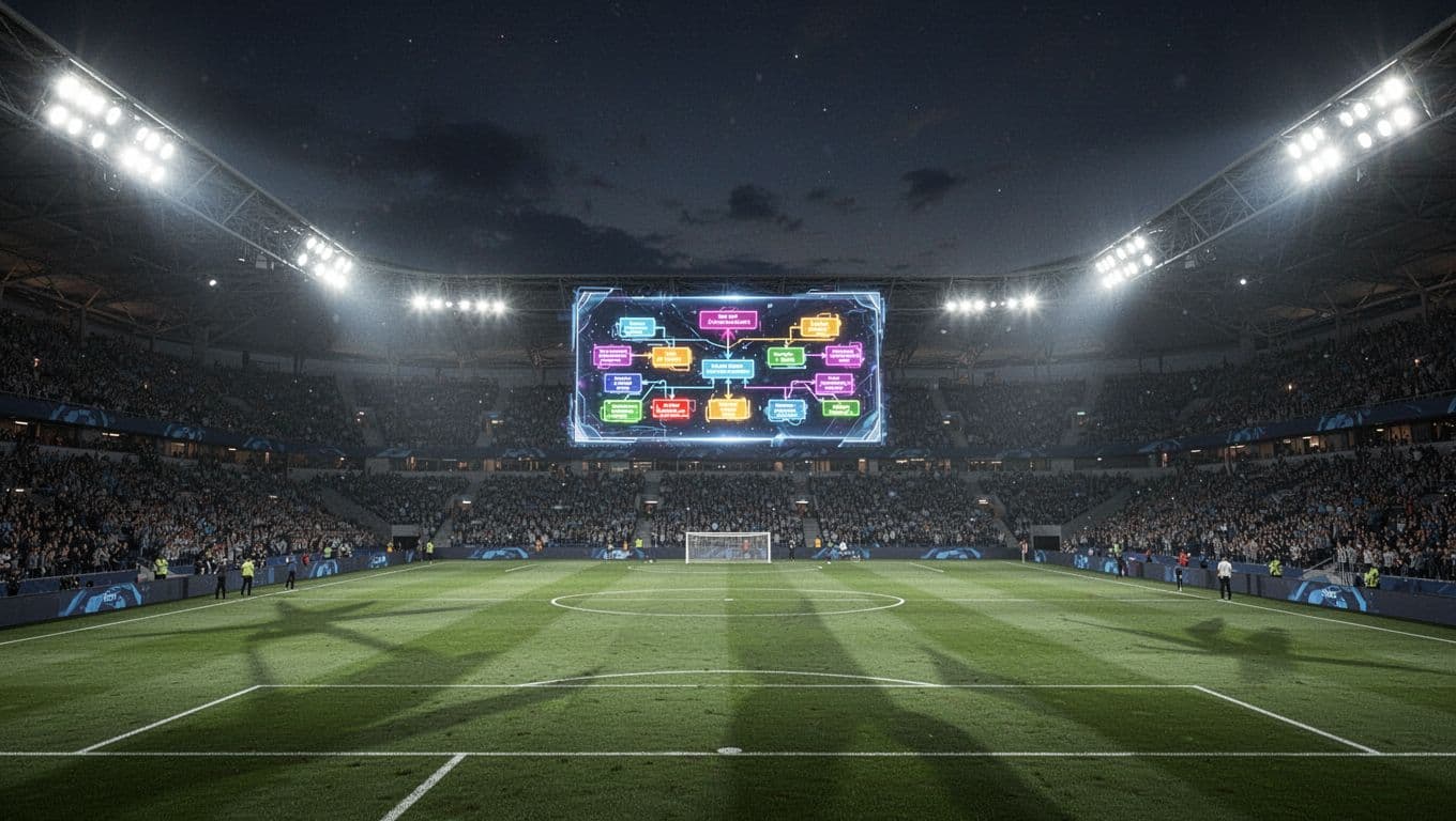 Lampu stadion yang terang menyinari lapangan hijau di bawah langit malam. Papan skor digital besar menampilkan klasemen grup dan peta jalan menuju babak gugur yang sangat menentukan bagi para pemain.