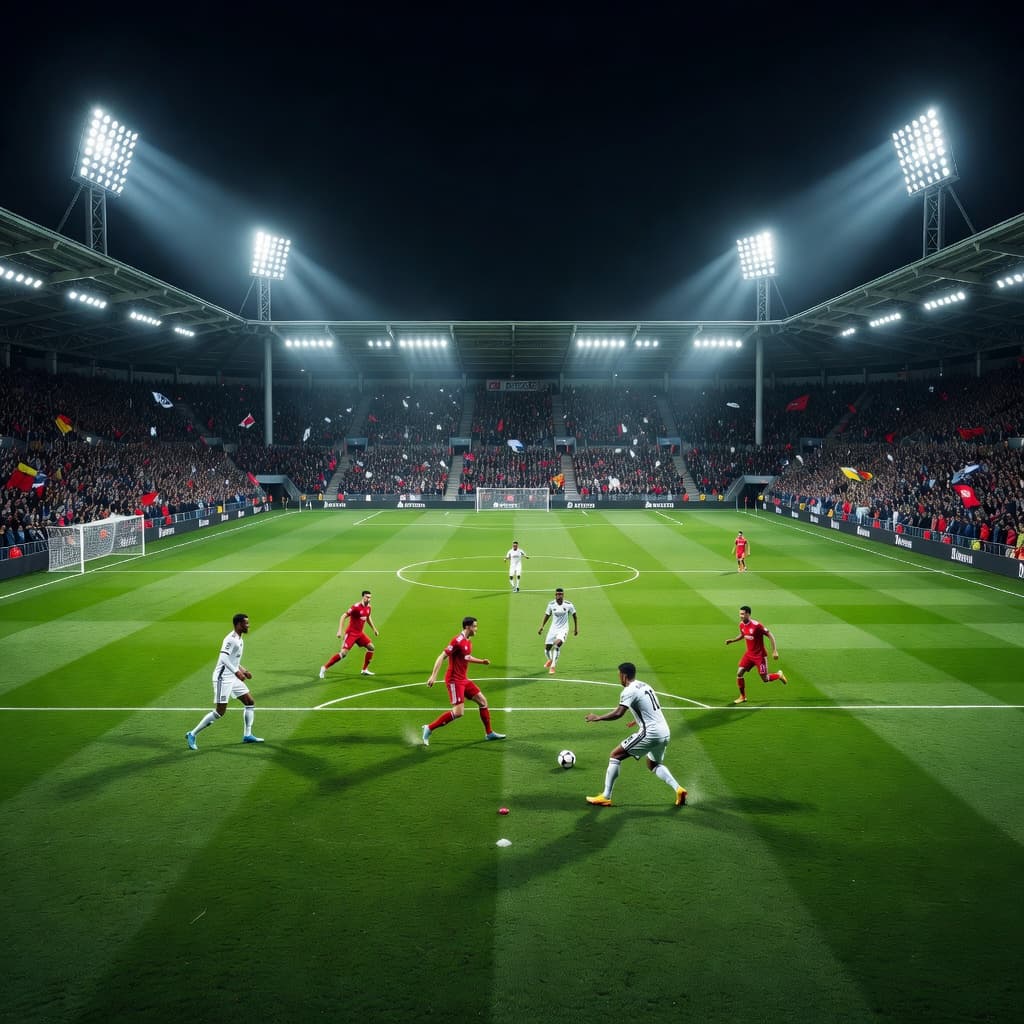 Lampu sorot raksasa menerangi lapangan hijau stadion megah di bawah langit malam yang gelap. Ribuan kursi penonton tampak kosong namun suasana terasa sangat intens dan penuh energi untuk laga besar.