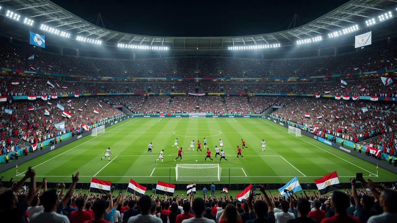 Lampu sorot terang menyinari lapangan hijau tempat pertandingan sepak bola berlangsung di dalam stadion megah. Ribuan penonton memenuhi tribun menyaksikan laga sengit tim nasional di bawah atmosfer malam yang penuh semangat.