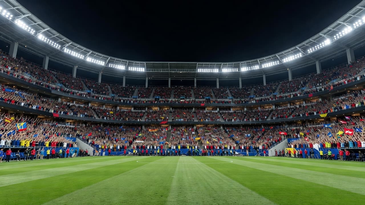 Ribuan penonton memadati tribun stadion megah di Amerika Serikat di bawah sorotan lampu malam yang terang. Sudut pandang luas dari lapangan menunjukkan kemeriahan atmosfer pertandingan sepak bola berskala turnamen internasional besar.