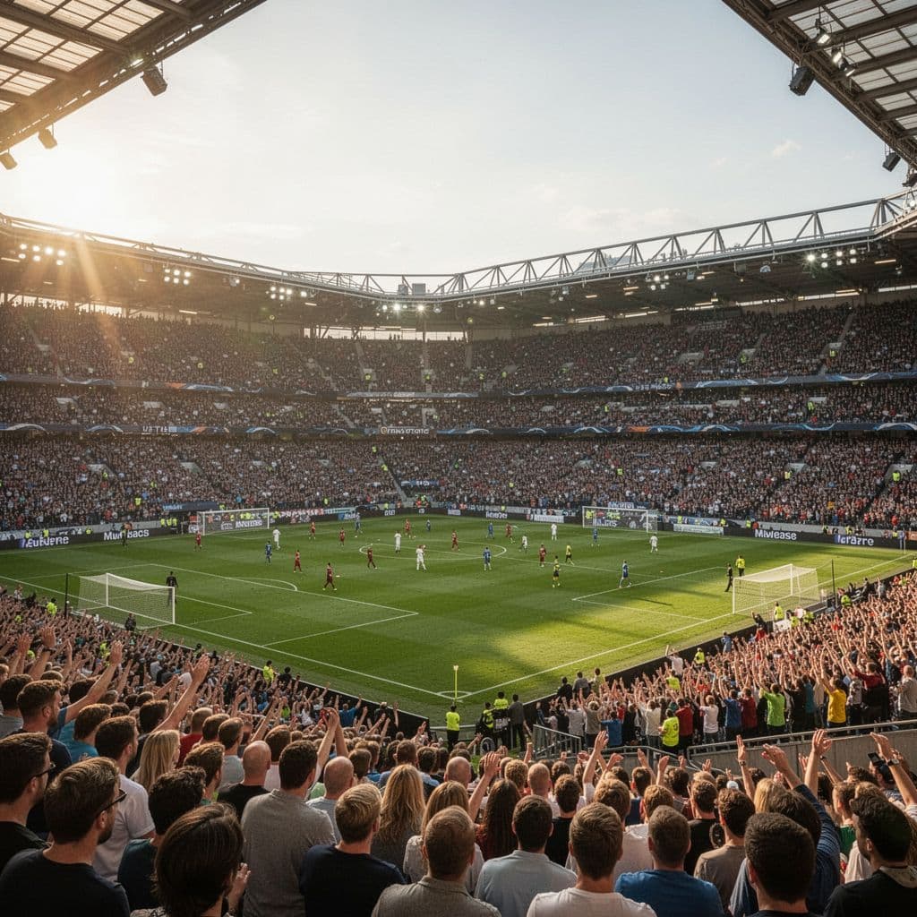 Stadion sepak bola yang megah dipenuhi penonton di bawah sinar matahari sore yang cerah.