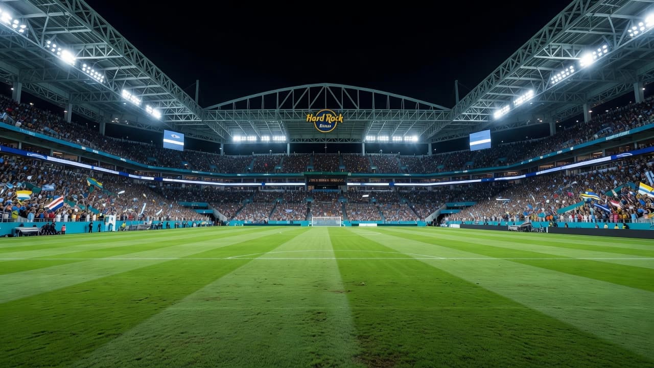 Pemandangan luas lapangan rumput hijau yang terawat dengan lampu sorot terang menerangi tribun bertingkat di malam hari. Suasana megah terlihat dari arsitektur stadion yang siap menyambut pertandingan sepak bola internasional besar.