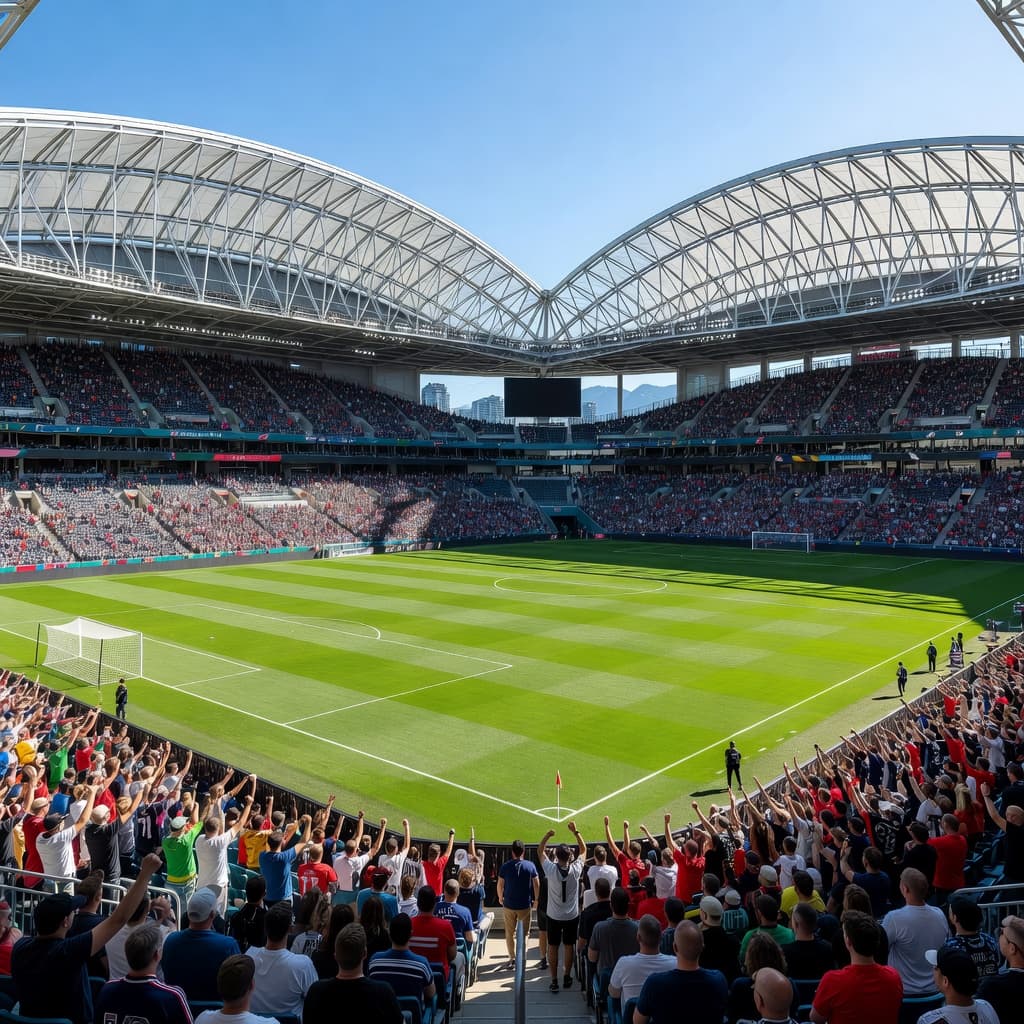 Ribuan penonton memadati tribun stadion BC Place di bawah sinar matahari cerah. Fokus kamera tertuju pada lapangan rumput hijau yang terawat rapi saat pertandingan besar berlangsung dengan suasana yang sangat meriah.